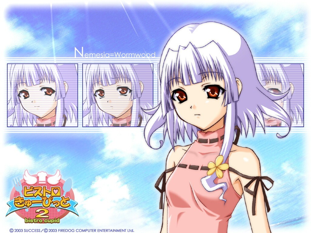 00s 1girl 2003 albino bistro_cupid bistro_cupid_(series) bistro_cupid_2 character_name copyright_name expressionless female_focus logo nemesia_wormwood official_art official_wallpaper pandaki_(aki) red_eyes short_hair sidelocks smile solo white_hair