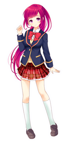 1girl asami_kei blazer bow bowtie breasts brown_cardigan cardigan full_body girlfriend_(kari) jacket long_hair medium_breasts plaid_clothes plaid_skirt ponytail purple_eyes red_bow red_bowtie red_hair red_skirt school_uniform shirt skirt solo standing white_shirt