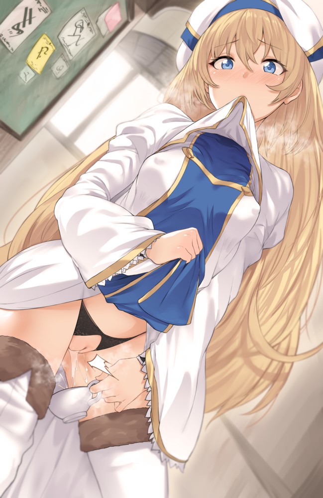1girl black_panties blue_eyes boots breasts cup dress dress-up female_focus goblin_slayer! hews_hack lifting_own_clothes looking_down medium_breasts nipples_visible_through_shirt panties pee peeing peeing_in_cup peeing_self priestess_(goblin_slayer!) pussy pussy_juice solo steam thigh_boots uncensored underboob underwear