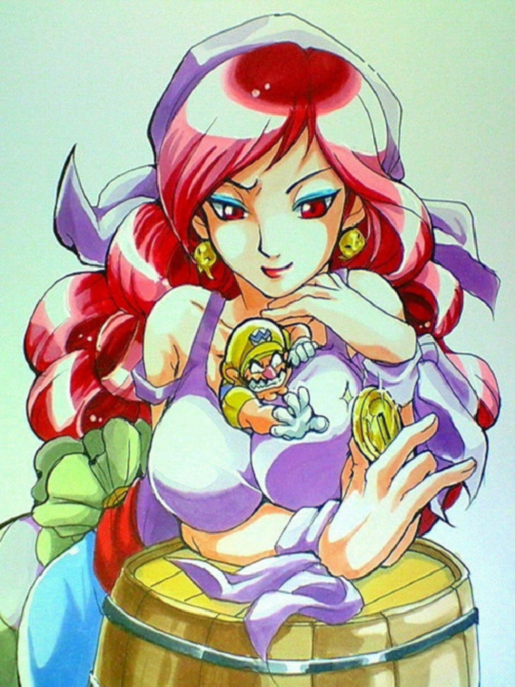 1boy 1girl arettes bandana breasts captain_syrup cleavage coin grin highres lips long_hair make makeup mario_(series) nintendo pants pirate red_eyes red_hair shoes smile super_mario_bros._1 tagme tomboy wario wario_land wario_land:_shake_it!