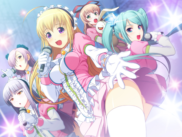 5girls :d :o ahoge anna_(gekkou_no_carnevale) aqua_eyes aqua_hair blonde_hair blush bow breasts brown_hair cornalina cross dress dutch_angle eyebrows fringe_trim game_cg gekkou_no_carnevale gloves green_eyes hair_bow hair_ornament hair_over_one_eye iris_(gekkou_no_carnevale) long_hair looking_at_viewer lunaria maid_headdress medium_breasts microphone multiple_girls music nitro+royale non-web_source open_mouth out_of_frame outstretched_hand panties pantyshot perla pink_dress purple_eyes purple_hair sidelocks silver_hair singing smile stage stage_lights stuffed_toy thighhighs tsuji_santa twintails underwear white_gloves white_legwear yellow_eyes