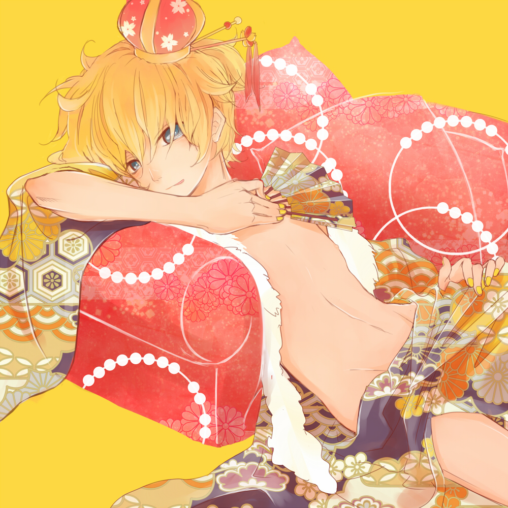 1boy ajimita blonde_hair child crown hand_fan floral_print fur gigantic_o.t.n_(vocaloid) hanairi_kikkou honeycomb_pattern japanese_clothes kagamine_len licking_lips male_focus nail_polish navel nipples open_clothes simple_background solo tongue tongue_out traditional_clothes vocaloid yellow_background yellow_nails