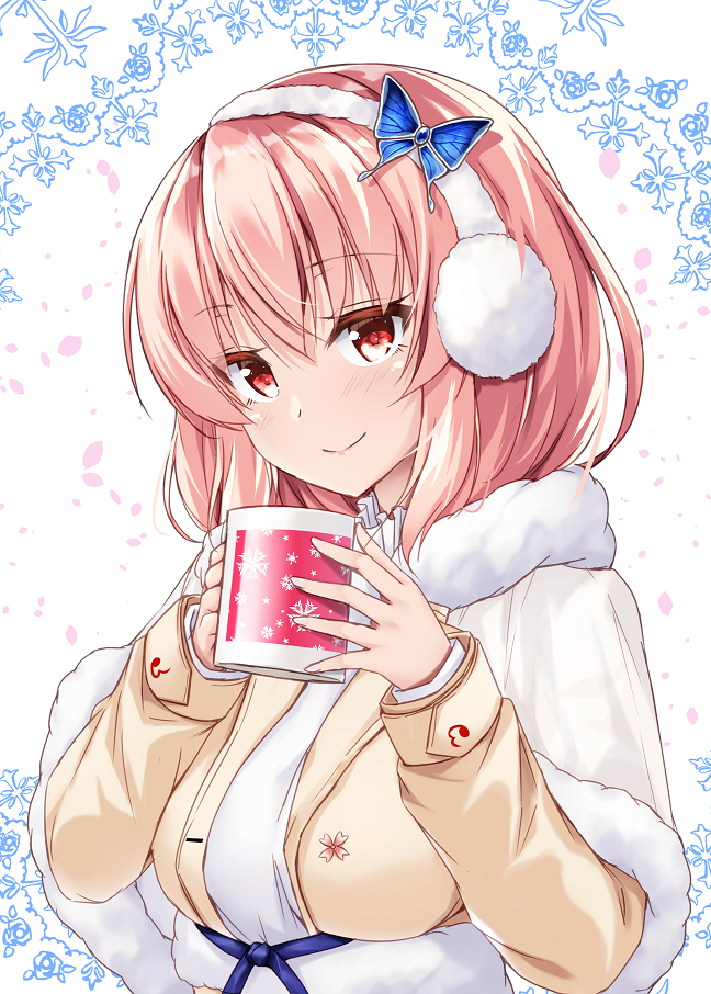 1girl alternate_costume brown_eyes coat comiket_97 cup fur_trim headphones holding holding_cup long_sleeves looking_at_viewer merxkialis pink_hair saigyouji_yuyuko smile snowflakes solo touhou upper_body winter_clothes winter_coat