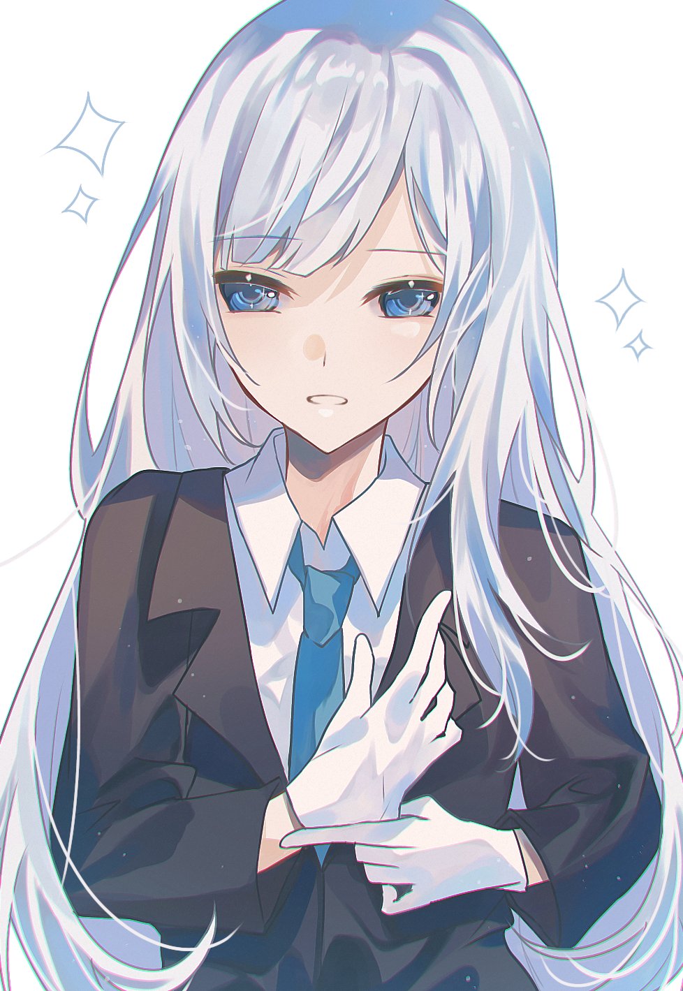 1girl anemonelove black_jacket blazer blue_eyes blue_necktie blunt_bangs collared_shirt commentary english_commentary gloves highres jacket long_hair long_sleeves looking_at_viewer mixed-language_commentary necktie open_mouth parted_bangs project_sekai putting_on_gloves shadow shirt simple_background solo sparkle upper_body very_long_hair white_background white_gloves white_hair white_shirt yoisaki_kanade