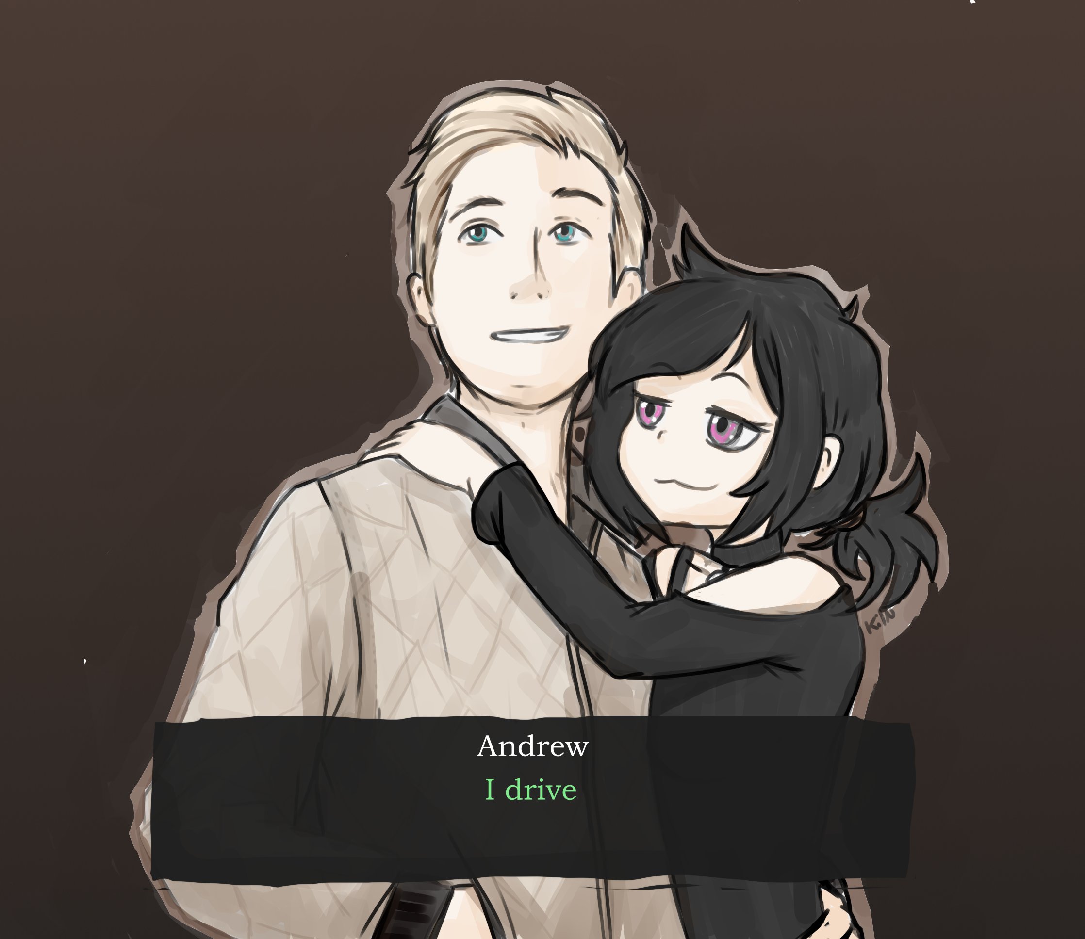 1boy 1girl :3 ashley_graves black_shirt brown_background closed_mouth clothing_cutout commentary dialogue_box drive_(movie) driver_(drive) english_commentary english_text grin hand_on_another's_shoulder height_difference highres hug kiln_firelink off-shoulder_shirt off_shoulder ponytail shirt short_hair shoulder_cutout sideways_glance simple_background smile the_coffin_of_andy_and_leyley