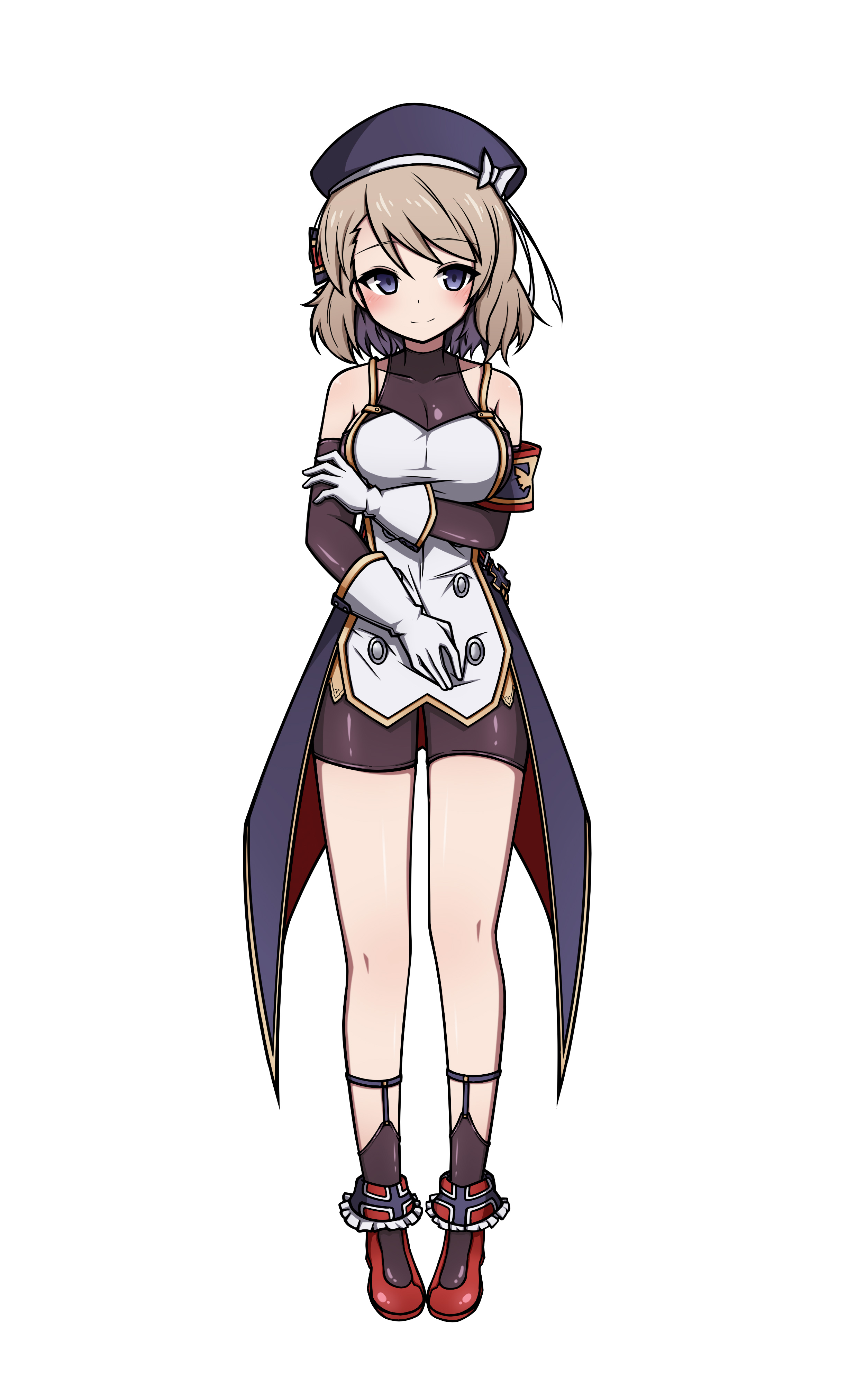 1girl absurdres arm_under_breasts armband azur_lane bare_shoulders blue_hat blue_jacket blush bow breasts brown_hair brown_sleeves brown_socks cleavage closed_mouth detached_sleeves dress full_body gloves grey_eyes hair_bow hat highres jacket long_sleeves looking_at_viewer medium_breasts red_shoes rock_zinc see-through_cleavage see-through_clothes shoes simple_background smile socks solo standing striped_bow white_background white_dress white_gloves z23_(azur_lane)