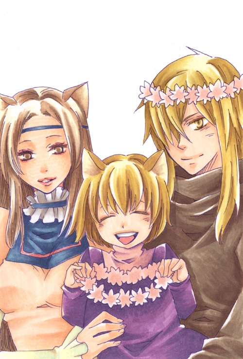 00s aged_up animal_ears blonde_hair cat_ears child family flower happy head_wreath memusu simple_background tengen_toppa_gurren_lagann tsuuma viral_(ttgl) white_background