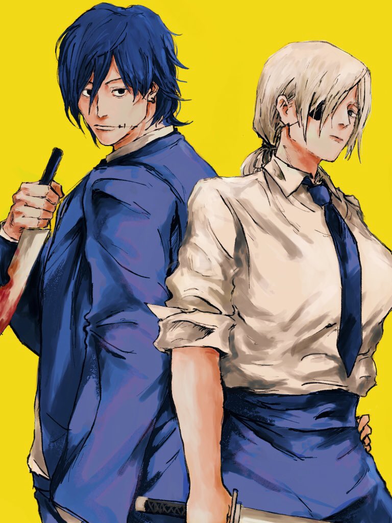 1boy 1girl back-to-back blood bloody_weapon blue_hair blue_jacket blue_necktie breasts chainsaw_man eyepatch formal_clothes holding holding_sword holding_weapon jacket katana kishibe_(chainsaw_man) kishibe_(young)_(chainsaw_man) large_breasts looking_at_viewer looking_back mon_star200cc necktie ponytail quanxi_(chainsaw_man) shirt_tucked_in short_hair simple_background sleeves_rolled_up stitched_face stitched_mouth stitches suit sword weapon white_hair yellow_background