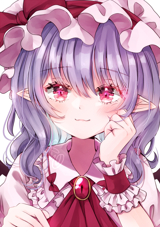 1girl bat_wings blush bow brooch closed_mouth dress eyes_visible_through_hair hair_between_eyes hand_on_own_cheek hand_on_own_face hand_up hat hat_ribbon jaku_sono jewelry looking_at_viewer magenta_background medium_hair mob_cap pink_dress pink_hat pointy_ears puffy_short_sleeves puffy_sleeves purple_hair red_bow red_ribbon remilia_scarlet ribbon short_sleeves sidelocks simple_background slit_pupils smirk solo touhou upper_body wavy_hair white_background wings wrist_cuffs