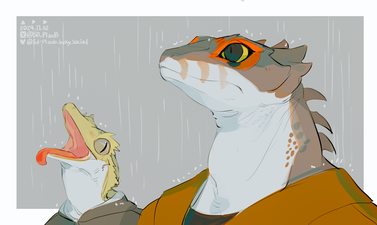 2boys black_eyes commentary furry furry_male gecko goku_and_vegeta_in_the_rain_(meme) grey_background leopard_gecko male_focus meme multiple_boys open_mouth original outdoors rain reptile_boy sd_planb slit_pupils symbol-only_commentary tongue tongue_out upper_body
