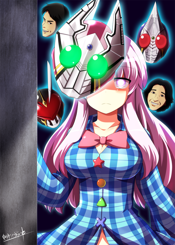 1girl 2boys bad_id bad_pixiv_id bow breasts expressionless hata_no_kokoro kaitou_jun&#039;ichi kamen_rider kamen_rider_555 kamen_rider_blade kamen_rider_blade_(series) kamen_rider_chalice kamen_rider_dcd kamen_rider_garren kisaragi_zwei kusaka_masato large_breasts long_hair long_sleeves looking_at_viewer mask mouth_mask multiple_boys pink_eyes pink_hair plaid_clothes plaid_shirt shaded_face shirt touhou upper_body very_long_hair wide_sleeves