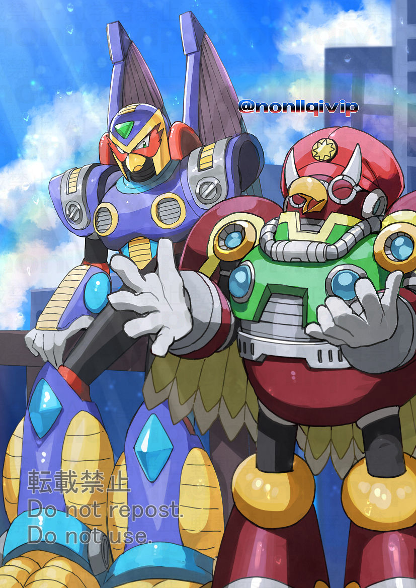 2boys armor beak bird closed_eyes eagle green_armor hat male_focus mechanical_wings mega_man_(series) mega_man_x1 mega_man_x4 mega_man_x_(series) multiple_boys name_connection non-humanoid_robot owl purple_armor red_hat robot robot_animal storm_eagle_(mega_man) storm_owl_(mega_man) twitter_username wings yamanashi_taiki