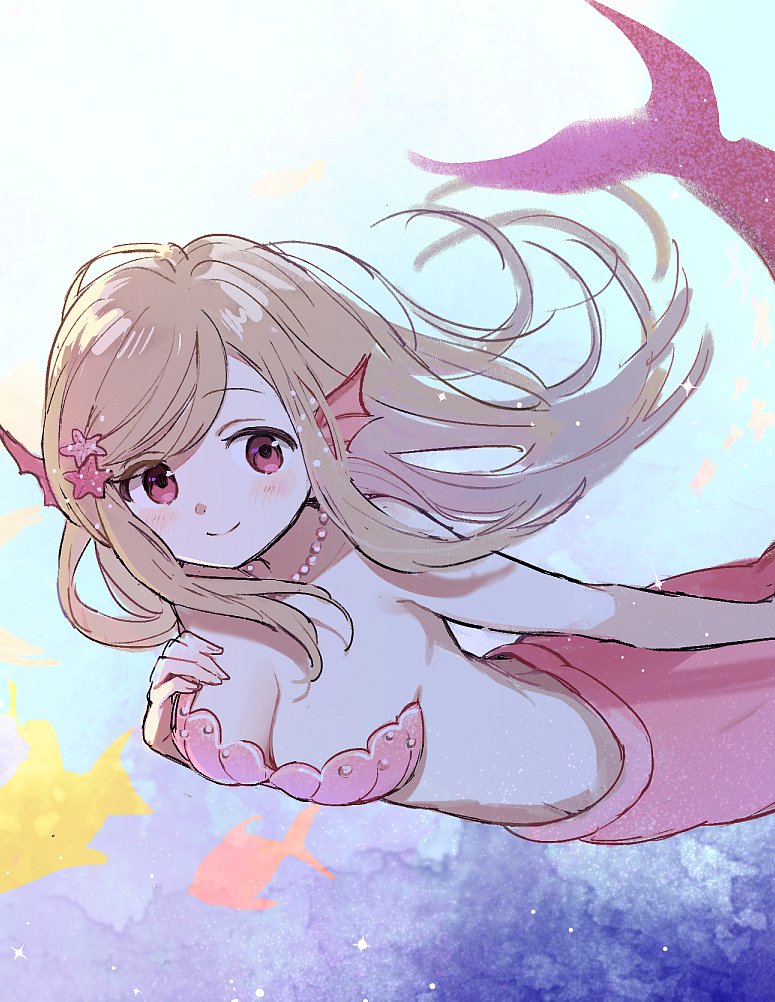 1girl alternate_costume blonde_hair boyano breasts cleavage closed_mouth fins fish hand_on_own_chest head_fins kurusu_alexandra long_hair looking_at_viewer magia_record:_mahou_shoujo_madoka_magica_gaiden mahou_shoujo_madoka_magica mermaid monster_girl monsterification pink_eyes shell shell_bikini sidelocks smile solo swept_bangs underwater