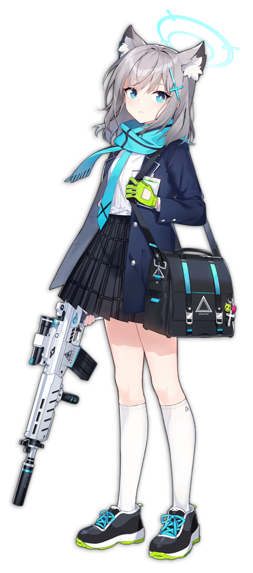 1girl animal_ear_fluff animal_ears assault_rifle bag blazer blue_archive blue_eyes cross_hair_ornament full_body gloves green_gloves grey_hair gun hair_ornament halo holding holding_gun holding_weapon jacket kneehighs long_sleeves mahjong_soul mismatched_pupils official_art pleated_skirt rifle school_uniform shiroko_(blue_archive) shirt shoes sig_sauer sig_sauer_556 single_glove skirt sneakers socks solo transparent_background weapon white_socks wolf_ears