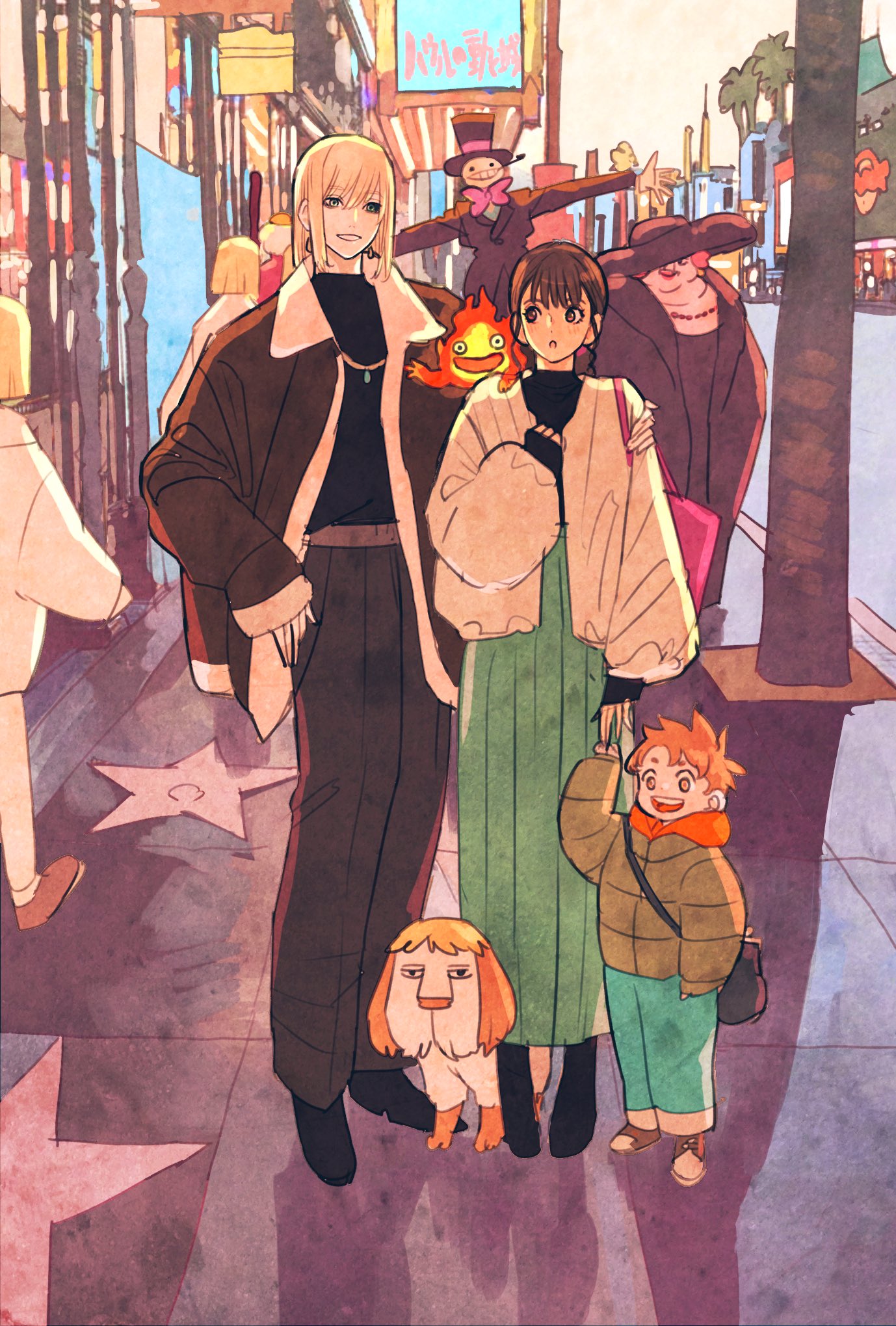 arm_around_shoulder bag bead_necklace beads black_footwear black_headwear blonde_hair brown_hair calcifer child dog fingerless_gloves fire full_body gloves green_skirt grey_pants grin hand_on_another's_arm hand_on_own_chest hat heen highres howl_(howl_no_ugoku_shiro) howl_no_ugoku_shiro jacket jewelry kakashi_no_kabu long_skirt markl medium_hair multiple_boys multiple_girls necklace open_mouth orang outdoors pants pleated_skirt scarecrow short_hair shoulder_bag sidewalk skirt smile sophie_(howl_no_ugoku_shiro) sun_hat takeuchi_ryousuke teeth top_hat white_jacket witch_of_the_waste