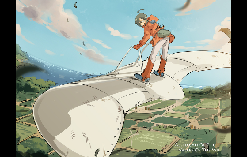 1980s_(style) 1girl allelujah_haptism crossover female_focus flying gender_request genderswap gorimatsu gundam gundam_00 kaze_no_tani_no_nausicaa masso mehve oldschool parody retro_artstyle scenery sky solo