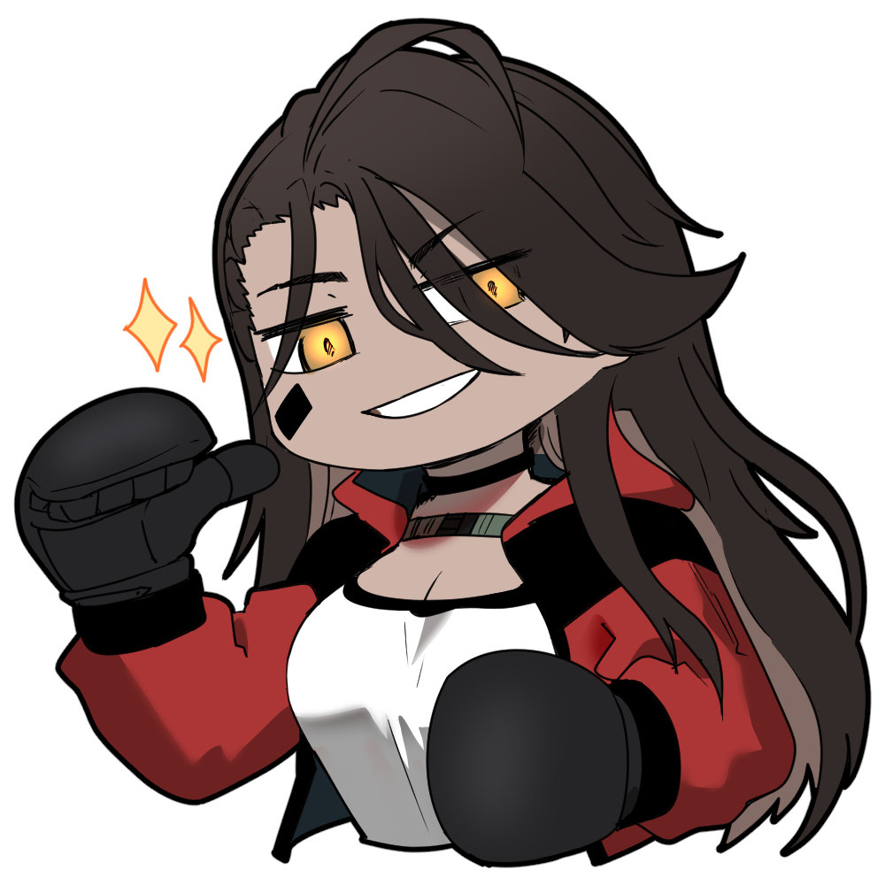 1girl artist_request boxing_gloves brown_hair chibi chibi_only chinese_commentary dark-skinned_female dark_skin girls&#039;_frontline girls&#039;_frontline_neural_cloud grin jacket long_hair looking_at_viewer magnhilda_(neural_cloud) official_art pointing pointing_at_self pointing_with_thumb red_jacket second-party_source shirt smile sparkle white_shirt yellow_eyes