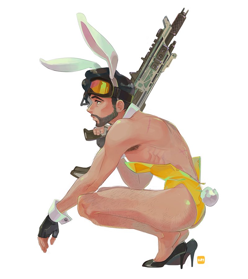 1boy animal_ears apex_legends black_footwear black_gloves black_hair commentary crossdressing crossdressing_(mtf) english_commentary facial_hair fake_animal_ears fake_tail fingerless_gloves gloves goatee goggles goggles_on_head hair_behind_ear high_heels joong_beak leotard male_focus mirage_(apex_legends) r-301_carbine rabbit_ears rabbit_tail simple_background solo tail white_background yellow_leotard
