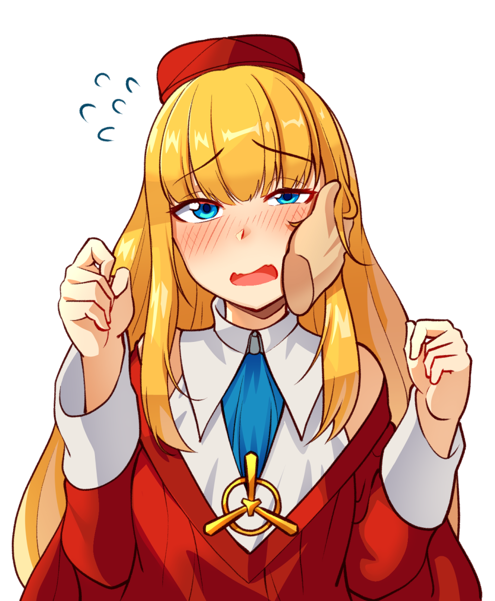 1girl ajidot biretta blonde_hair blue_eyes blunt_bangs blush cardinal_armand disembodied_hand flying_sweatdrops hat highres last_origin long_hair open_mouth simple_background solo_focus white_background
