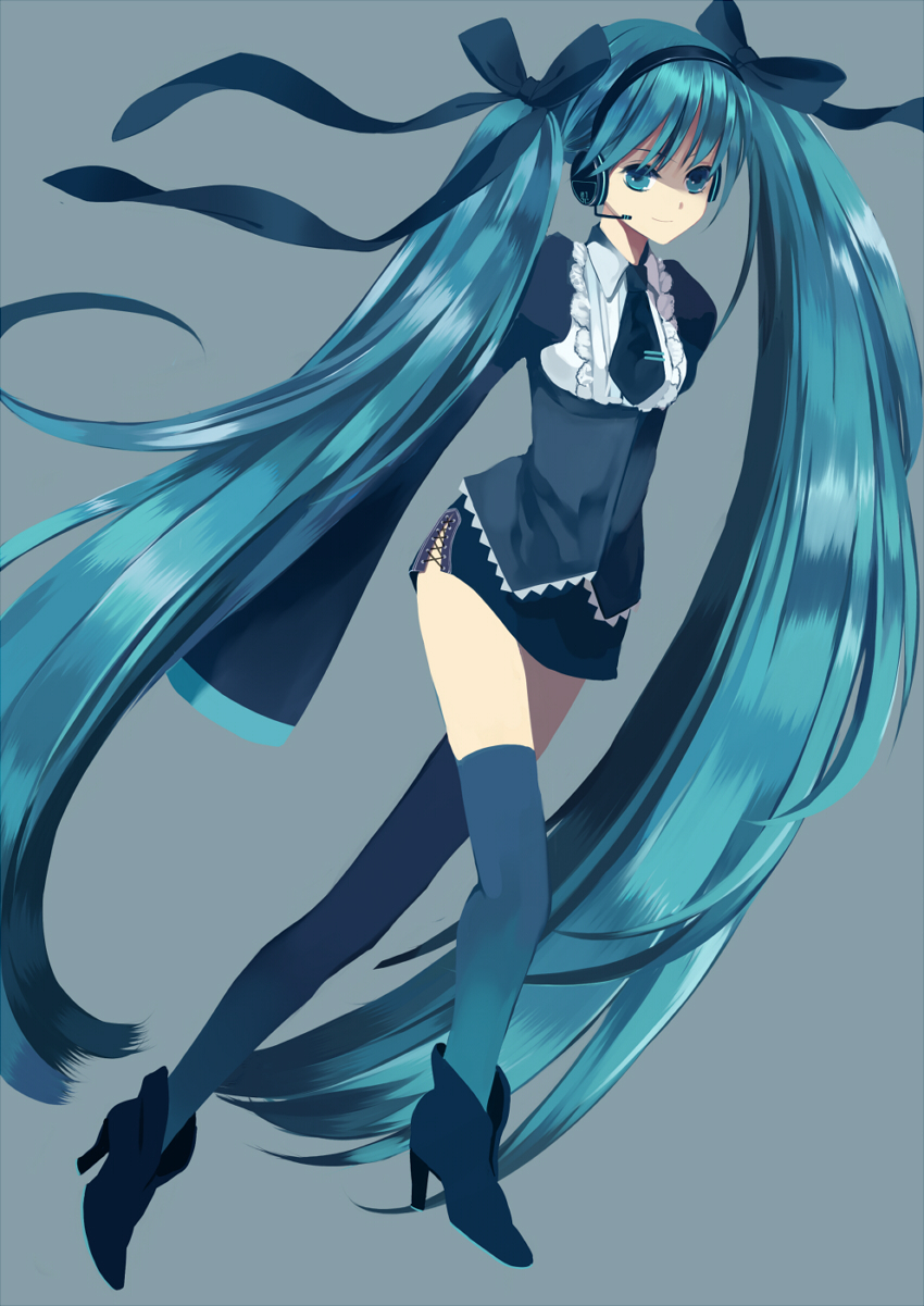 1girl aqua_eyes aqua_hair female_focus full_body hatsune_miku headset high_heels highres long_hair necktie neko_(natsuiroclassic) shoes simple_background skirt solo thighhighs twintails very_long_hair vocaloid