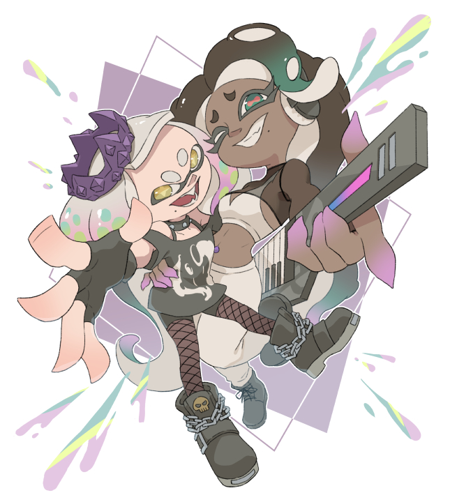 2girls black_footwear choker crop_top crown dark-skinned_female dark_skin fingerless_gloves fishnet_pantyhose fishnets gloves green_eyes inkling instrument keytar marina_(splatoon) marina_(springfest)_(splatoon) mole multiple_girls navel navel_piercing nintendo octoling one_eye_closed pants pantyhose pearl_(splatoon) pearl_(springfest)_(splatoon) piercing short_eyebrows splatoon_(series) splatoon_3 tentacle_hair teo_(teorekka) white_pants yellow_eyes