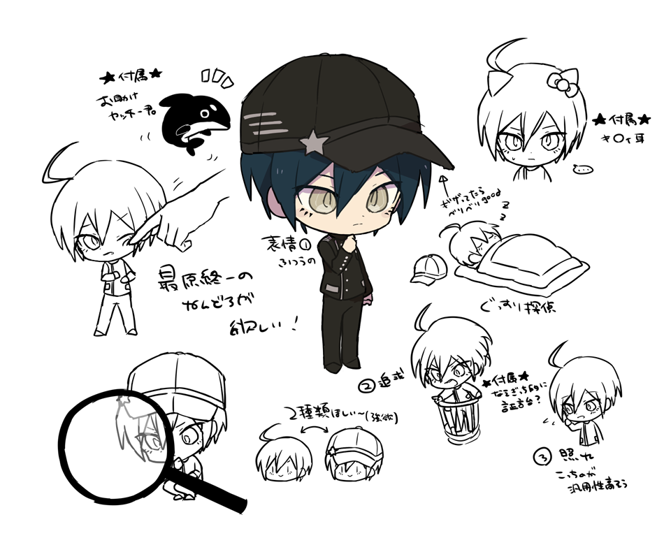 ... 1boy ahoge animal_ears arrow_(symbol) baseball_cap black_footwear black_hat black_jacket black_pants blue_hair bow buttons cat_ears cheek_poking chibi closed_eyes closed_mouth collared_jacket commentary_request danganronpa_(series) danganronpa_v3:_killing_harmony dolphin_shorts double-breasted expressionless eyelashes flying_sweatdrops futon green_eyes hair_between_eyes hair_bow hand_on_own_chin hand_on_own_face hat hat_ornament high_collar jacket kemonomimi_mode light_frown long_sleeves looking_at_viewer lying magnifying_glass male_focus motion_lines multiple_views notice_lines on_back one_eye_closed open_mouth pants partially_colored pocket podium poking ruri_(2620981) saihara_shuichi shoes short_hair shorts simple_background sleeping squatting star_(symbol) star_hat_ornament sweatdrop thinking translation_request under_covers unworn_hat unworn_headwear white_background zzz
