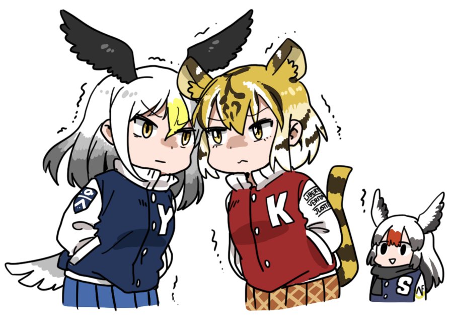 &gt;:s &gt;:| 10s 3girls :d :s :| alternate_costume alternate_eye_color angry animal_ears animal_print anyan_(jooho) bald_eagle_(kemono_friends) bird bird_tail bird_wings black_eyes black_scarf blonde_hair blue_jacket blue_skirt brown_hair brown_skirt buttons chibi chibi_inset closed_mouth cowboy_shot crane_(animal) cropped_legs cropped_torso dot_nose empty_eyes extra_ears eye_contact eyelashes gradient_hair grey_hair hair_between_eyes hands_in_pockets head_wings image_sample jacket kemono_friends latin_text letterman_jacket long_hair long_sleeves looking_at_another motion_lines multicolored_hair multicolored_jacket multiple_girls naver_sample no_nose open_mouth plaid_clothes plaid_skirt pleated_skirt pocket popped_collar red-crowned_crane red-crowned_crane_(kemono_friends) red_hair red_jacket scarf school_uniform shaded_face simple_background skirt smile streaked_hair striped_tail tail tareme tiger_(kemono_friends) tiger_ears tiger_print tiger_tail trembling tsurime upper_body v-shaped_eyebrows white_background white_hair white_jacket wings yellow_eyes