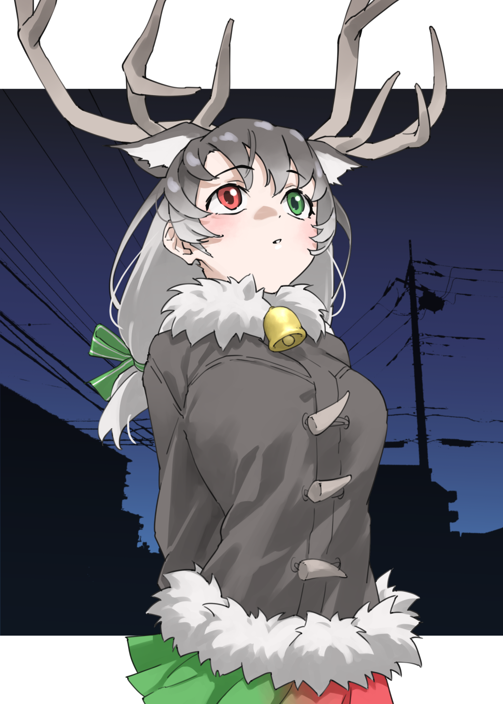 1girl animal_ears antlers arms_behind_back bell blush bow brown_hair coat commentary cowboy_shot deer_ears deer_tail extra_ears fur_collar fur_trim gradient_clothes gradient_hair gradient_skirt green_bow green_eyes green_skirt grey_coat grey_hair hair_between_eyes hair_bow heterochromia highres horns kemono_friends multicolored_hair neck_bell pleated_skirt power_lines red_eyes red_skirt reindeer_(kemono_friends) reindeer_antlers reindeer_girl sidelocks skirt solo tail tanabe_(fueisei) twintails white_fur winter_clothes winter_coat