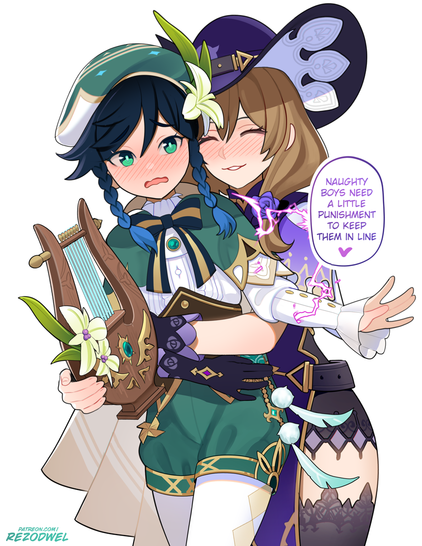 1boy 1girl artist_name black_gloves black_hair black_thighhighs blue_gemstone blue_hair blush brown_hair closed_eyes flower gem genshin_impact gloves gold_trim gradient_hair green_eyes green_hat hair_between_eyes hat hat_belt hat_flower hug hug_from_behind lace lace-trimmed_thighhighs lace_trim lisa_(genshin_impact) long_hair multicolored_hair purple_flower purple_hat purple_rose rezodwel rose thighhighs two-tone_hair upper_body venti_(genshin_impact) white_background white_flower witch_hat