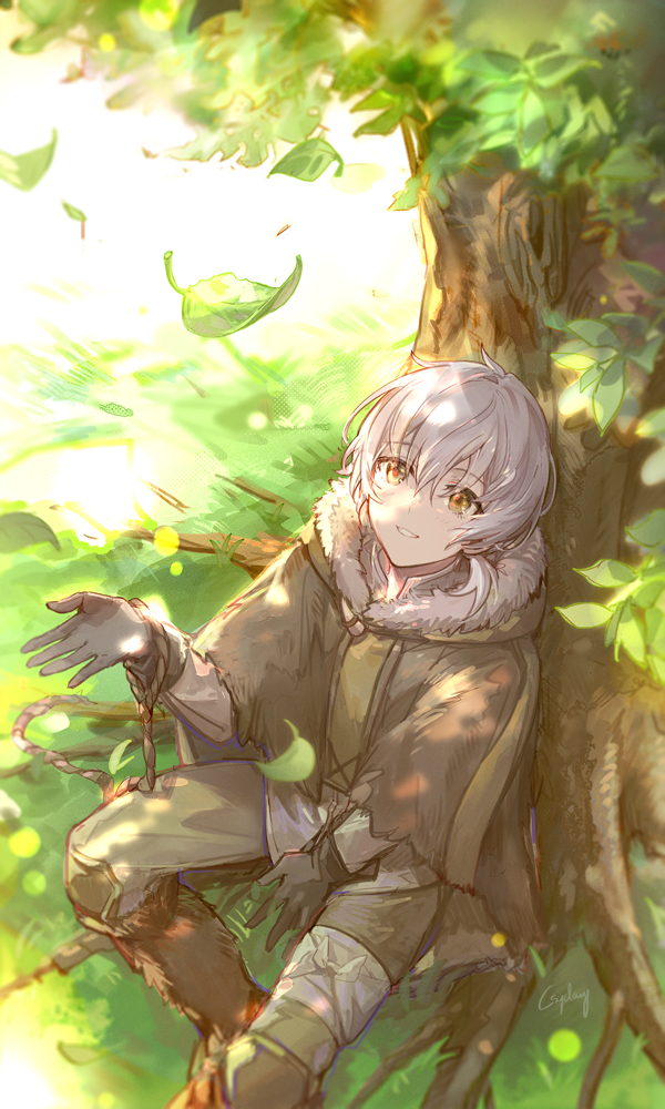 1boy against_tree boots brown_cloak brown_coat brown_gloves cloak coat csyday dappled_sunlight falling_leaves fumetsu_no_anata_e fur-trimmed_cloak fur-trimmed_hood fur_boots fur_trim fushi gloves hair_between_eyes hood hooded_cloak leaf long_sleeves looking_up male_focus on_grass outdoors parted_lips ponytail rope short_hair signature sitting smile solo sunlight tree white_hair yellow_eyes