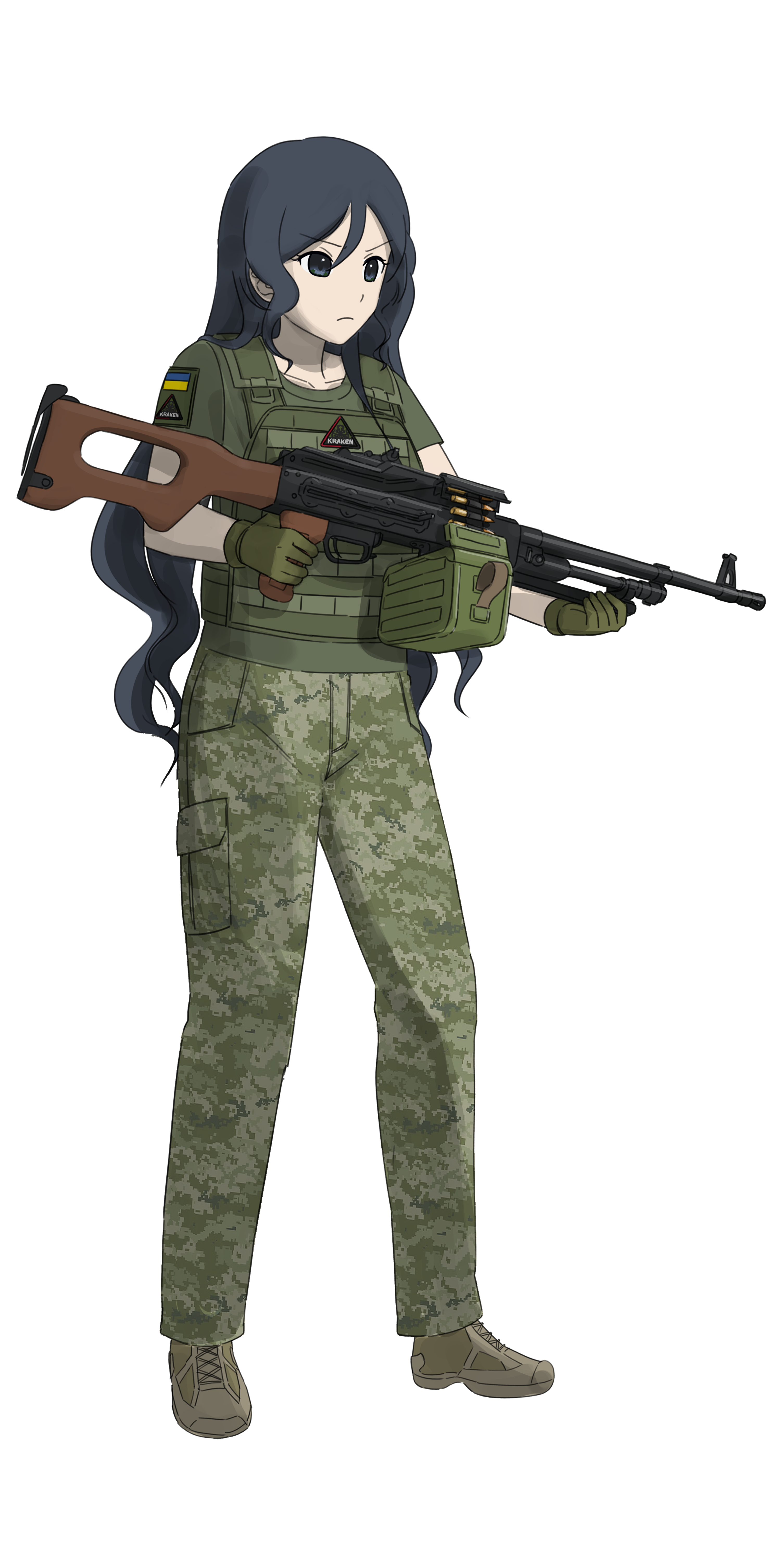 absurdres belt black_cat03 blue_eyes blue_hair boots breasts brown_boots camouflage camouflage_pants collarbone combat_boots commission commissioner_upload cross-laced_footwear curly_hair determined digital_camouflage frown gloves green_belt green_gloves green_shirt gun highres holding holding_gun holding_weapon kraken_(japanon) kraken_regiment long_hair looking_to_the_side machine_gun medium_breasts military military_combat_uniform military_patch military_uniform non-web_source original pants patch pkm russo-ukrainian_war shirt short_sleeves soldier transparent_background very_long_hair war weapon white_shirt