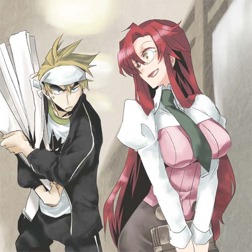 00s 1boy 1girl :d aged_up annoyed bad_id bad_pixiv_id bk blonde_hair breasts breasts_squeezed_together brown_eyes carrying cowboy_shot green_necktie hallway kittan_bachika large_breasts long_hair long_sleeves looking_back lowres motomoto_saji mudo_(saji) necktie open_mouth pants paper red_hair smile spiked_hair teacher tengen_toppa_gurren_lagann v_arms very_long_hair yoko_littner