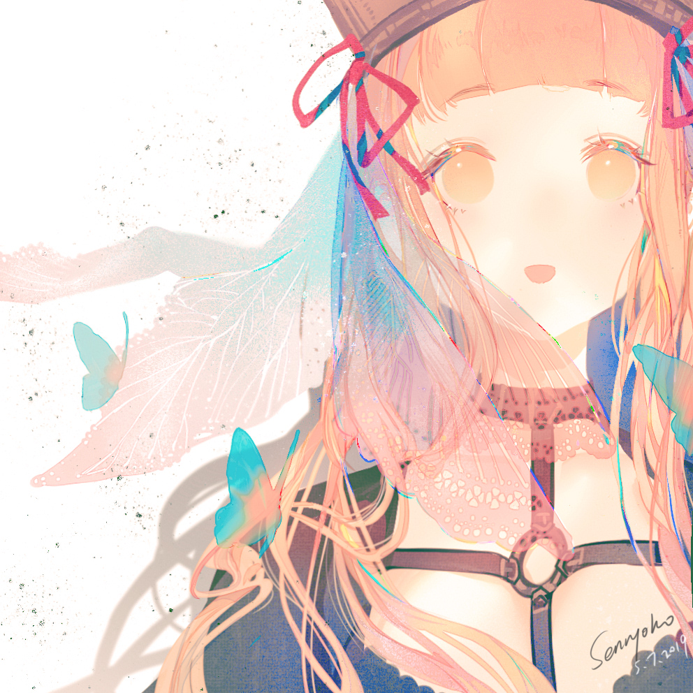1girl blush bug butterfly choker dated happy hat hat_ribbon bug red_riding_hood_(sinoalice) long_hair looking_at_viewer orange_eyes orange_hair ribbon senryoko sidelocks signature sinoalice solo veil wavy_hair white_background