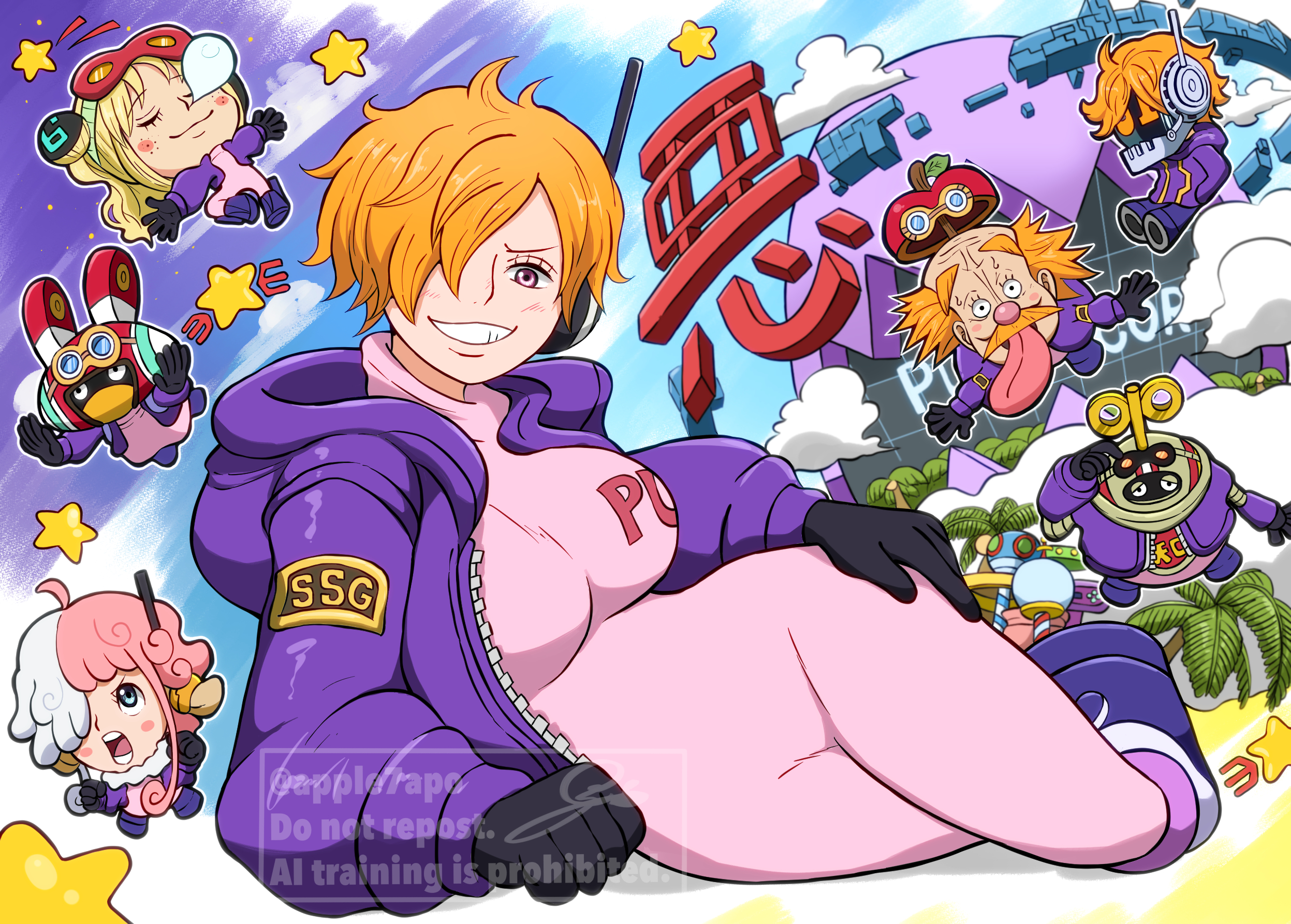 3girls 4boys apple7apo black_gloves blonde_hair blue_eyes blush bodysuit breasts chibi curvy dr._vegapunk egghead_island female_focus gloves goggles goggles_on_head grin hair_over_one_eye hand_on_own_hip highres hood hooded_jacket hoodie jacket large_breasts looking_at_viewer multicolored_hair multiple_boys multiple_girls one_piece open_clothes open_jacket orange_hair palm_tree pink_bodysuit pink_eyes pink_hair purple_jacket short_hair sleeping smile split-color_hair tongue tongue_out tree two-tone_hair unzipped vegapunk_atlas vegapunk_edison vegapunk_lilith vegapunk_pythagoras vegapunk_shaka vegapunk_york watermark white_hair wide_hips