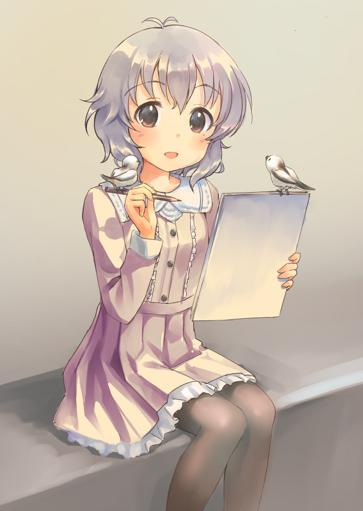 1girl bird blush brown_eyes dress feet_out_of_frame grey_dress grey_hair holding holding_pencil holding_sketchbook idolmaster idolmaster_cinderella_girls kawaseki long_sleeves looking_at_viewer mole mole_under_eye narumiya_yume open_mouth pantyhose pencil short_hair sitting sketchbook solo sparrow