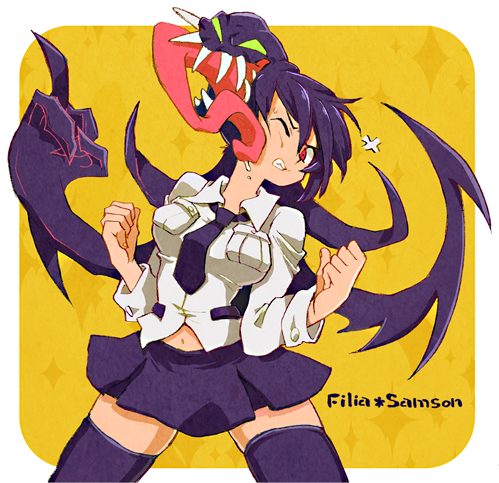 1girl anger_vein border character_name clenched_hands filia_(skullgirls) grimace living_hair long_sleeves necktie one_eye_closed purple_hair purple_necktie red_eyes samson_(skullgirls) shirt skullgirls solo thighhighs tongue tongue_out white_border white_shirt yuza
