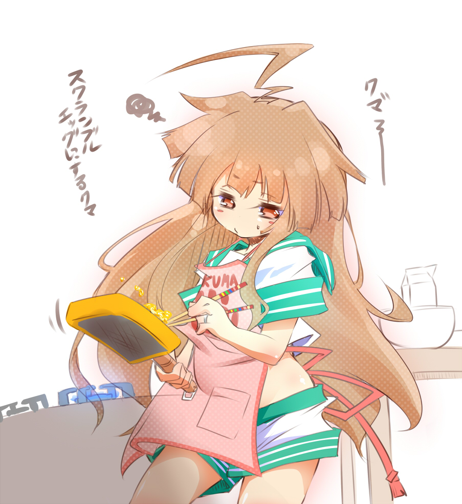 10s 1girl ahoge apron blush_stickers bowl brown_eyes brown_hair chopsticks contrapposto cooking egg_(food) expressionless female_focus food frying_pan kantai_collection kuma_(kancolle) long_hair makiyakinabe midriff milk nananana_nanana red_ribbon ribbon scrambled_egg shiny_skin simple_background solo standing stove sweatdrop very_long_hair white_background