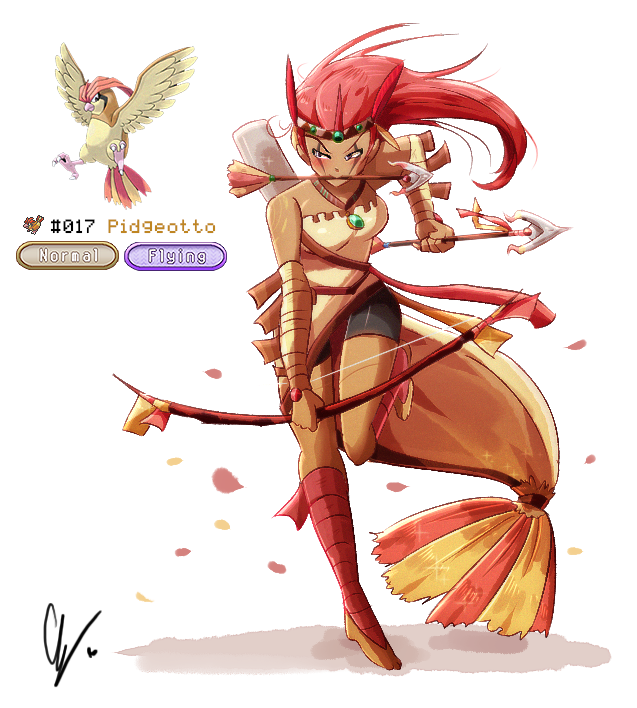 1girl arrow_(projectile) black_shorts bow_(weapon) character_name commentary endifi facepaint full_body gen_1_pokemon holding holding_arrow holding_bow_(weapon) holding_weapon long_hair mouth_hold native_american nintendo personification pidgeotto pokemon pokemon_(creature) red_hair reference_inset shorts signature simple_background weapon white_background