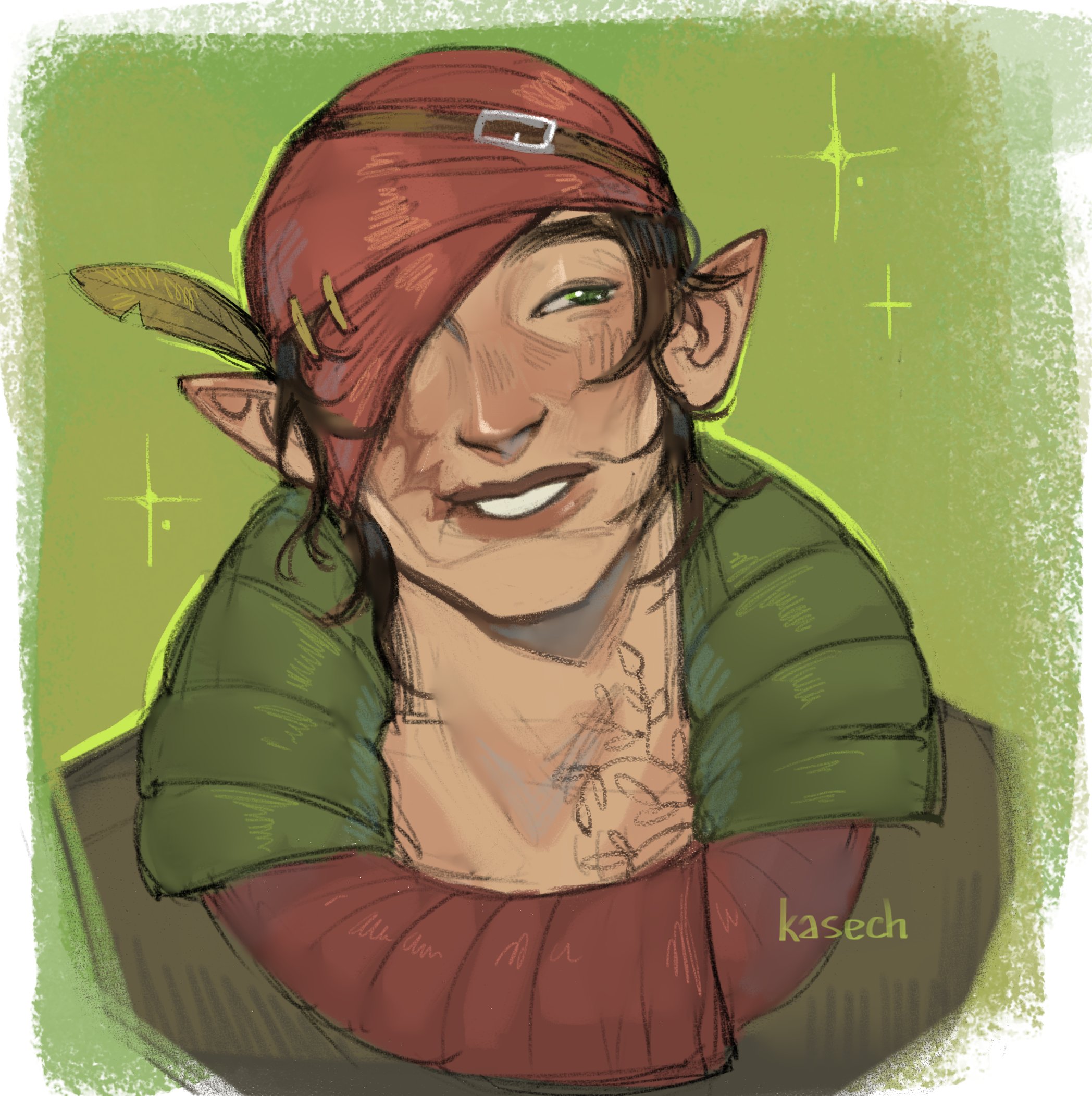 1boy artist_name brown_bandana brown_hair elf green_eyes grin highres iorveth male_focus nimvaell one_eye_covered pointy_ears portrait smile solo sparkle the_witcher_(series) the_witcher_2