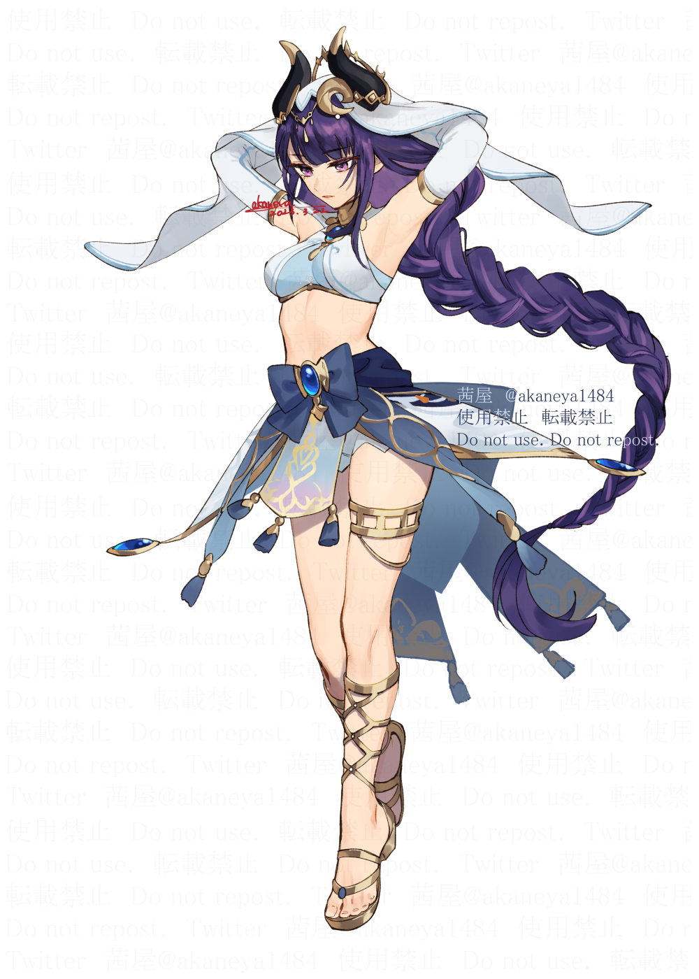 1girl ankle_lace-up armpits arms_up bare_shoulders blue_skirt breasts brooch commentary_request cosplay crop_top detached_sleeves fake_horns full_body genshin_impact gladiator_sandals highres horns jewelry long_braid long_hair long_sleeves medium_breasts midriff neck_ring nilou_(genshin_impact) nilou_(genshin_impact)_(cosplay) ojo_aa purple_eyes purple_hair raiden_shogun sandals simple_background skirt solo standing stomach thighlet thighs veil very_long_hair white_background