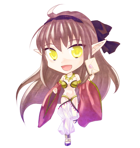 1girl :d ahoge bikini black_hairband black_sandals breasts brown_hair chibi chibi_only commentary_request detached_sleeves envelope full_body gold_necklace gypsy_(ragnarok_online) hairband harem_pants holding holding_envelope jewelry long_hair looking_at_viewer lowres medium_breasts necklace oki_(okazu8) open_mouth pants pointy_ears poring ragnarok_online red_sleeves sandals see-through_clothes see-through_pants simple_background smile solo standing strapless strapless_bikini swimsuit transparent_background white_pants yellow_bikini yellow_eyes
