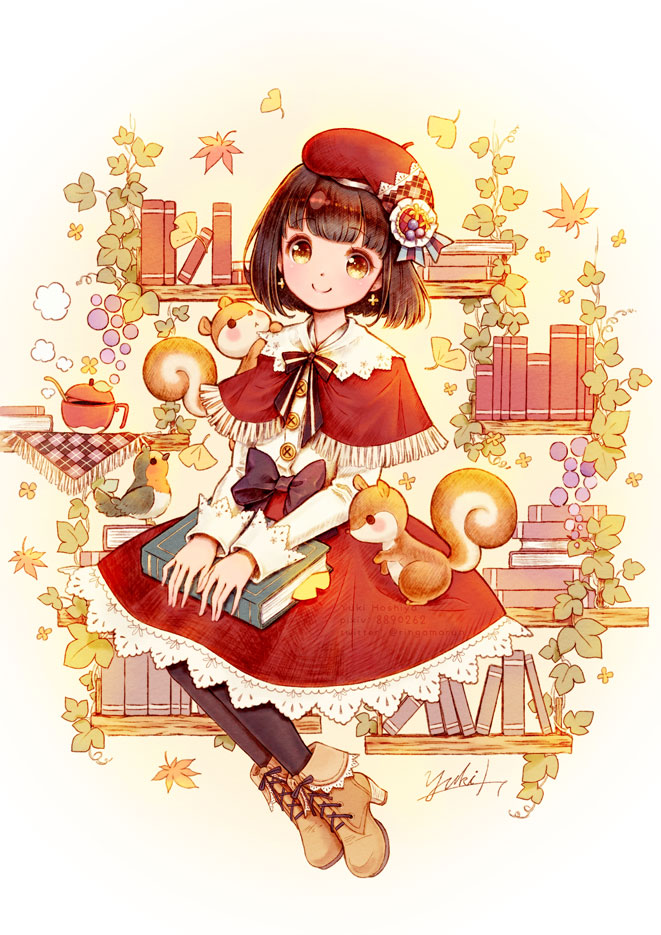 1girl animal bird black_hair black_legwear black_ribbon blunt_bangs book book_on_lap book_stack bookshelf boots buttons capelet commentary_request cross-laced_footwear dress hat hat_ornament high_heels ivy lace_skirt long_sleeves looking_at_viewer medium_hair neck_ribbon original red_capelet red_dress red_hat ribbon ringomaru_(omanju-oo) sitting smile solo_focus squirrel sugar_bowl yellow_eyes