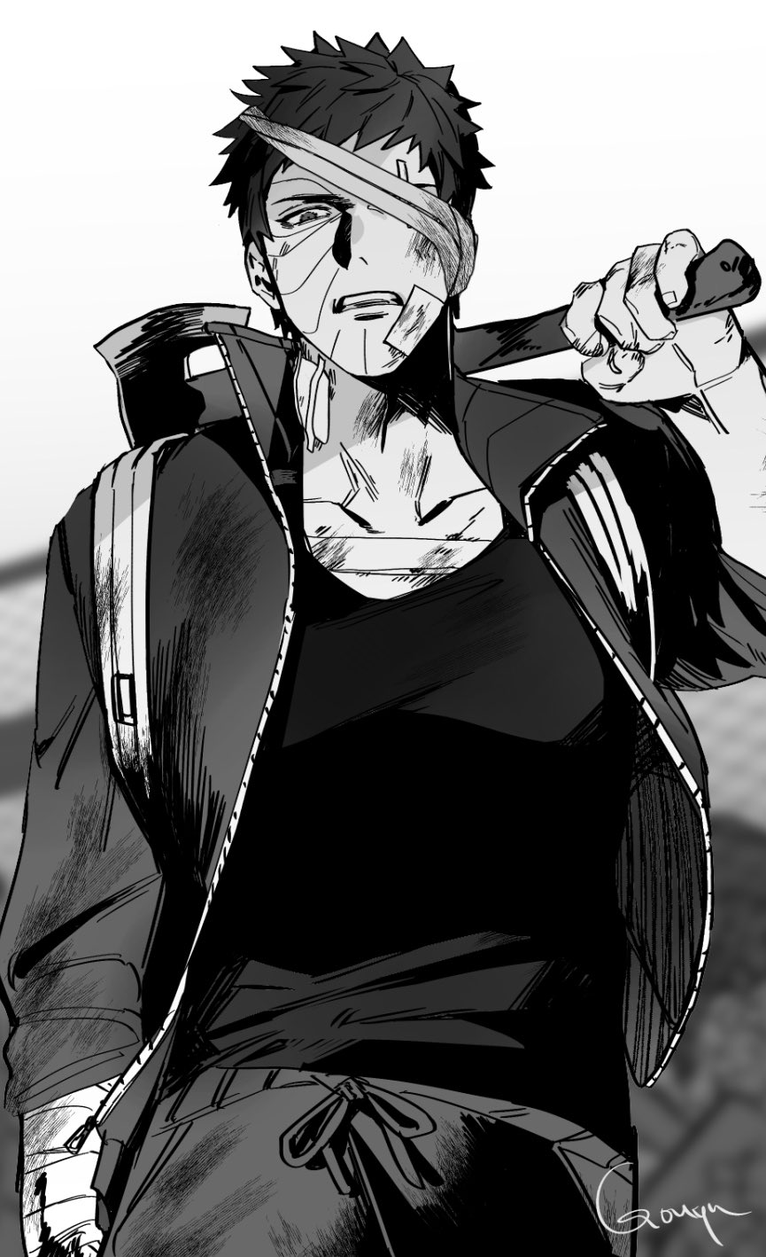 1boy axe bandage_on_face bandages blood commentary_request highres holding holding_axe holding_weapon jacket looking_at_viewer male_focus monochrome muscular muscular_male naruto_(series) naruto_shippuuden pants passion07253741 pectorals scar scar_on_face shirt short_hair solo spiked_hair teeth uchiha_obito weapon