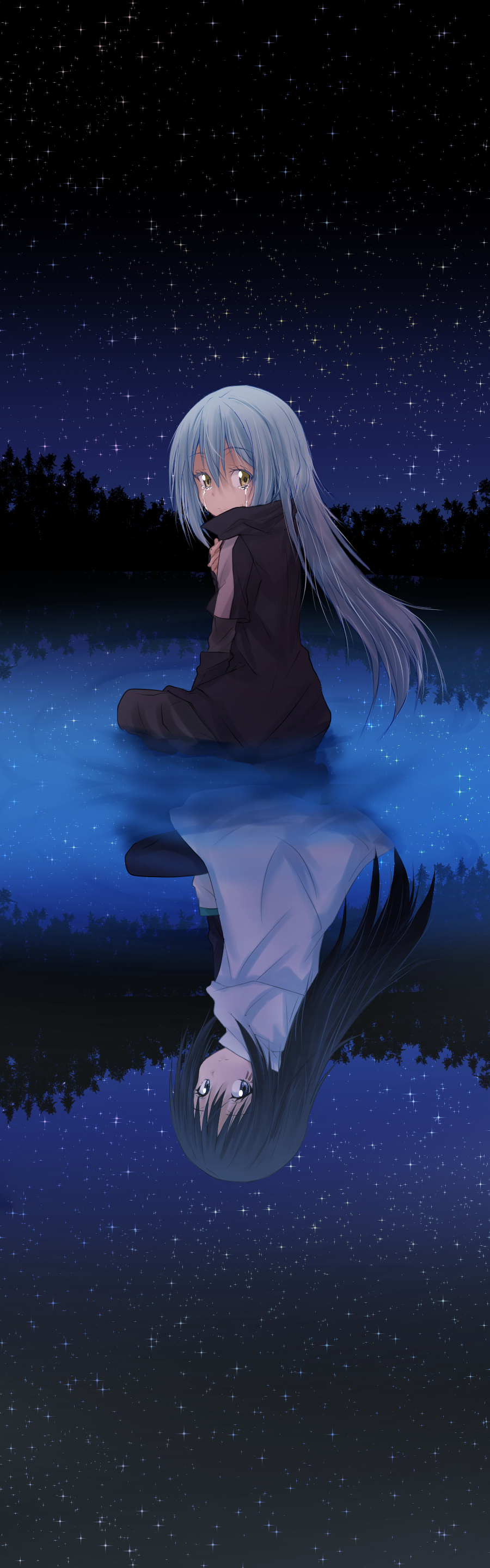 1girl 1other absurdres aisu_(limuru) black_coat black_eyes black_hair coat floating_hair from_side highres long_hair long_sleeves looking_at_viewer night night_sky outdoors reflecting_pool reflection reflective_water rimuru_tempest shizu_(kino_no_tabi) silver_hair sitting sky star_(sky) starry_sky straight_hair tears tensei_shitara_slime_datta_ken user_fkvt8385 very_long_hair white_coat yellow_eyes