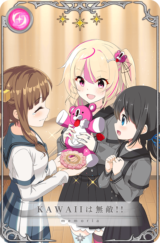 3girls ^_^ artist_request ashley_taylor awane_kokoro bear_hair_ornament black_hair black_necktie black_ribbon black_sailor_collar black_skirt black_thighhighs blonde_hair blue_eyes blue_necktie blue_ribbon blue_sailor_collar blue_skirt bone_hair_ornament brown_hair buttons card_(medium) chiaki_riko chuo_academy_school_uniform closed_eyes cowboy_shot cube_hair_ornament curtains dot_nose eyelashes game_cg giving grey_shirt grey_sleeves hair_ornament hair_ribbon hair_rings hairclip happy high-waist_skirt holding holding_stuffed_toy indoors kosho_academy_school_uniform layered_sleeves light_blush light_particles long_hair long_sleeves loose_hair_strand low_twintails magia_record:_mahou_shoujo_madoka_magica_gaiden mahou_shoujo_madoka_magica miniskirt mismatched_thighhighs multicolored_hair multiple_girls necktie official_art one_side_up open_mouth picture_frame pink_eyes pink_hair pink_thighhighs plaid_clothes plaid_skirt pleated_skirt pocket ribbon sailor_collar school_uniform serafuku shirt short_over_long_sleeves short_sleeves sidelocks skirt smile sparkle star_(symbol) streaked_hair stuffed_animal stuffed_toy stuffing tareme teddy_bear thighhighs translated twintails two-tone_thighhighs white_shirt white_sleeves white_thighhighs wooden_floor zettai_ryouiki