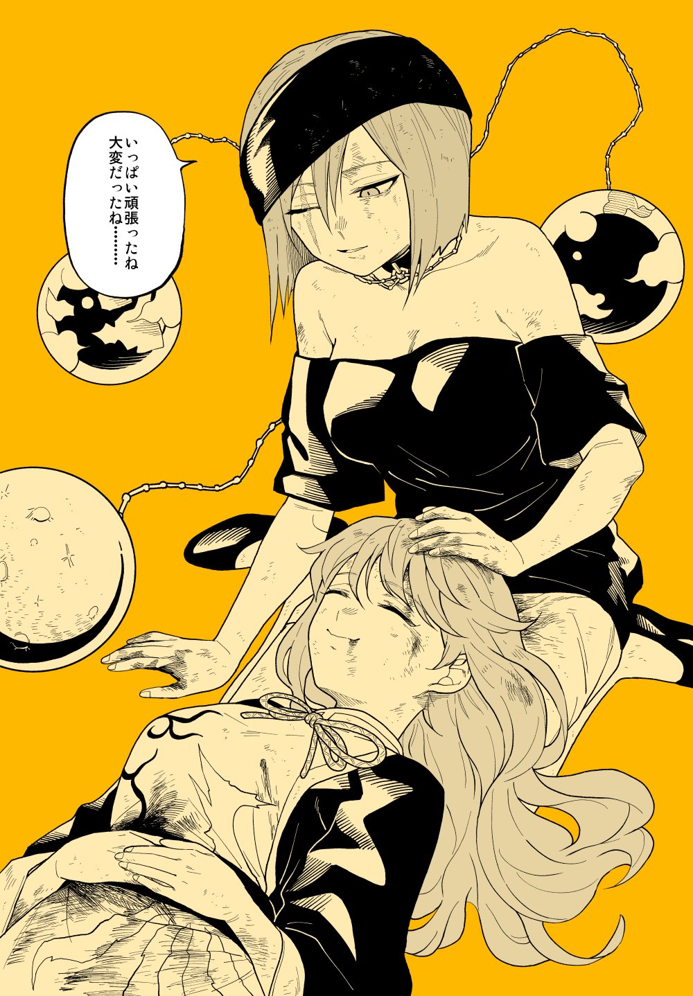 2girls anarogumaaa commentary_request hair_spread_out hand_on_another&#039;s_head hecatia_lapislazuli highres junko_(touhou) junko_day multiple_girls off_shoulder speech_bubble touhou translation_request