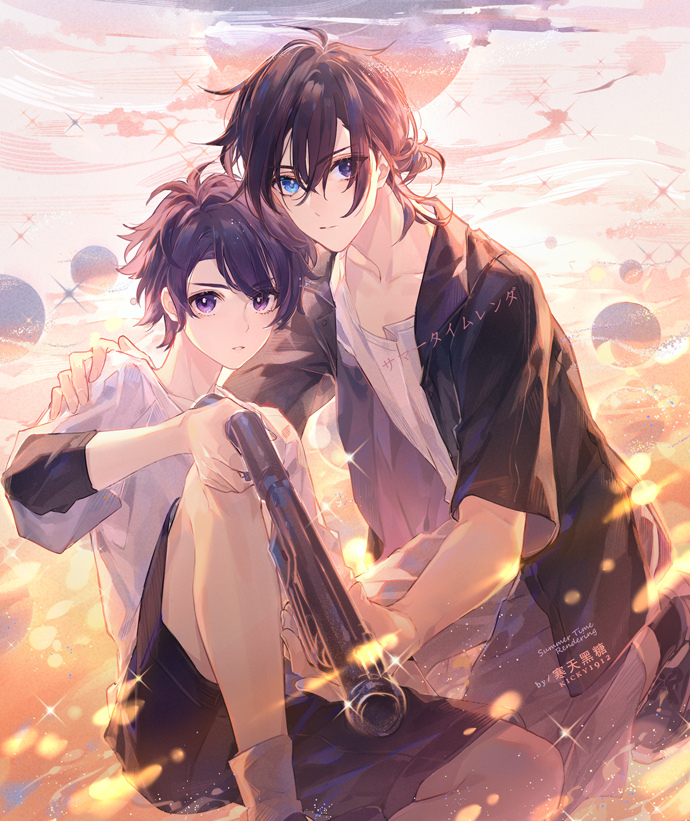 2boys ajiro_shinpei artist_name black_footwear black_hair black_shirt black_shorts blue_eyes chinese_commentary commentary_request copyright_name derivative_work grey_pants gun hair_between_eyes hand_on_another&#039;s_shoulder heterochromia holding holding_gun holding_weapon kickylian knee_up kneeling looking_at_viewer male_focus comic_panel_redraw minakata_ryuunosuke multiple_boys pants parted_lips purple_eyes shirt shoes short_hair short_sleeves shorts spoilers summertime_render weapon white_shirt