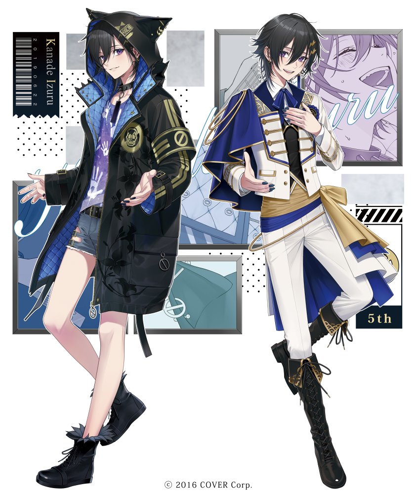 2boys :d animal_hood ankle_boots armband award_ribbon beckoning belt belt_buckle black_armband black_belt black_collar black_footwear black_hair black_jacket black_nails black_vest blue_capelet blue_ribbon boots buckle buttons capelet cat_hood chain_belt character_name chimachi collar collared_shirt copyright_notice denim denim_shorts double-breasted double-parted_bangs dual_persona earrings fold-over_boots full_body fur-trimmed_boots fur_trim hair_between_eyes hair_ornament hairclip hand_on_own_chest handprint holostars holostars_idol_uniform_(1st_act) hood hood_up idol_clothes jacket jewelry kanade_izuru kanade_izuru_(1st_costume) knee_boots lace-up_boots lapels lightning_bolt lightning_bolt_hair_ornament lightning_bolt_symbol long_sleeves looking_at_viewer male_focus multiple_boys multiple_views nail_polish neck_ribbon notched_lapels official_alternate_costume official_art open_clothes open_hands open_jacket open_mouth padded_jacket pants purple_eyes purple_shirt ribbon sash shirt short_hair shorts side-by-side side_cape sleeve_cuffs smile spiked_collar spikes standing standing_on_one_leg torn_clothes torn_shorts two-sided_fabric two-sided_jacket vest virtual_youtuber white_background white_jacket white_pants white_shirt yellow_sash