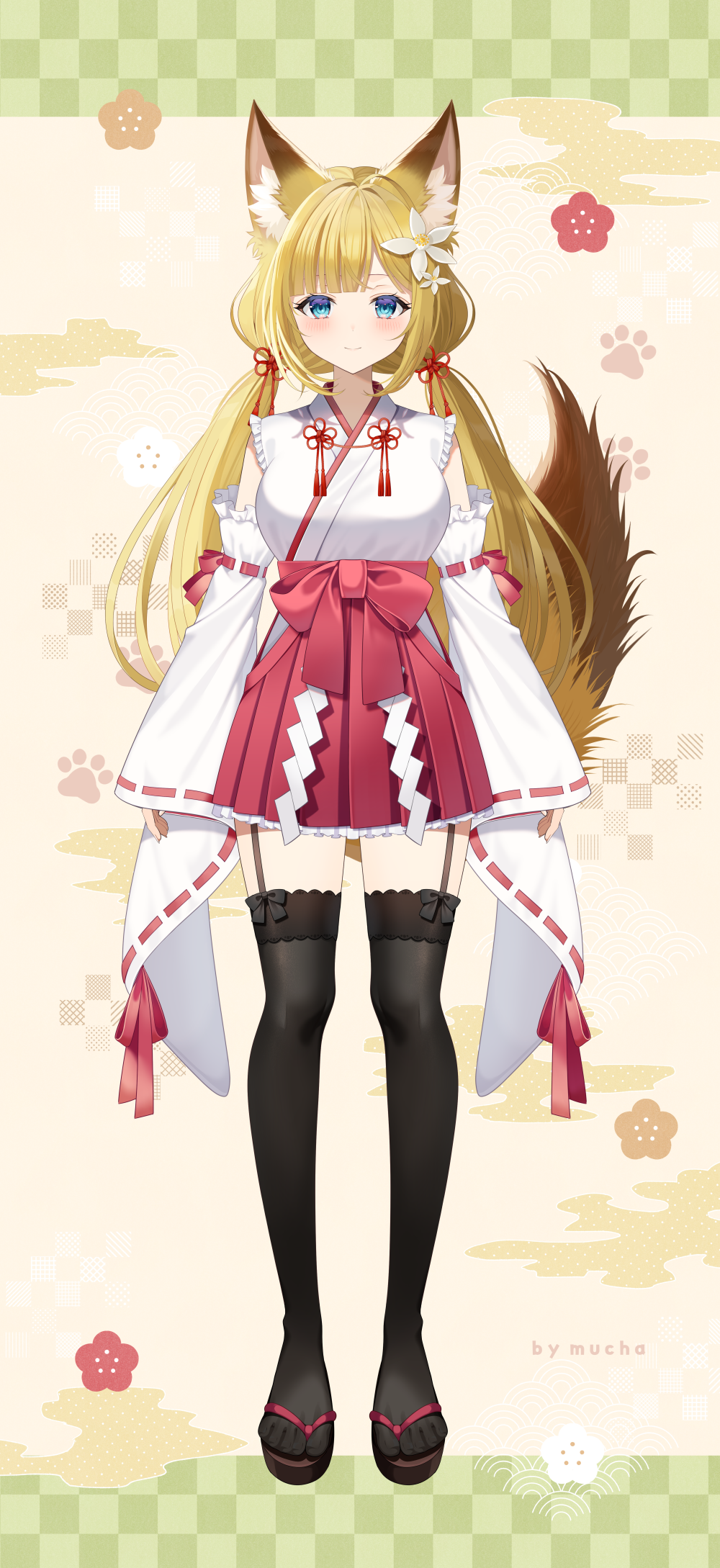 1girl animal_ear_fluff animal_ears black_thighhighs blonde_hair blue_eyes breasts brown_background brown_sandals checkered_background closed_mouth commentary_request detached_sleeves flower fox_ears fox_girl fox_tail full_body garter_straps hair_flower hair_ornament hakama hakama_short_skirt hakama_skirt highres indie_virtual_youtuber japanese_clothes kimono long_hair long_sleeves low_twintails medium_breasts myusha nontraditional_miko red_hakama ribbon-trimmed_sleeves ribbon_trim sandals skirt sleeveless sleeveless_kimono sleeves_past_wrists smile solo tabi tail thighhighs twintails very_long_hair virtual_youtuber white_flower white_kimono white_sleeves wide_sleeves yuzunoki_momi zouri
