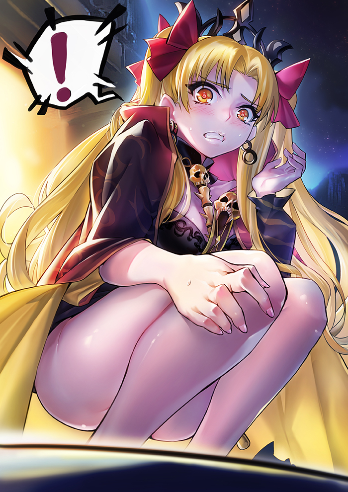 ! 1girl @_@ blonde_hair blush bow breasts cape collarbone detached_collar earrings ereshkigal_(fate) fate/grand_order fate_(series) female_focus hair_bow jewelry long_hair looking_at_viewer nail_polish night night_sky outdoors palms pantyhose parted_bangs pink_nails print_cape red_bow skull sky solo spoken_exclamation_mark squatting star_(sky) surprised sweat tiara todee tohsaka_rin two_side_up very_long_hair wavy_mouth white_pantyhose yellow_eyes